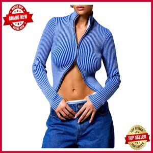 Slim Fit Cropped Cardigan Sweater, High Neck Zipper Front, Acrylic Blend